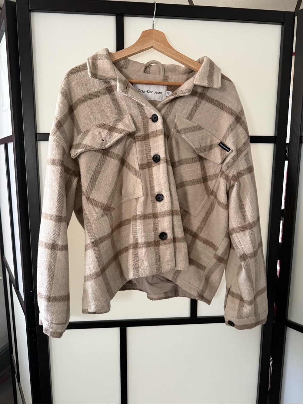 Calvin Klein Neutral Plaid Teddy Shacket in Beige and Tan